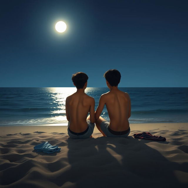 A serene nighttime beach scene featuring two Asian boys sitting on the sand facing the vast and infinite sea