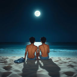 A serene nighttime beach scene featuring two Asian boys sitting on the sand facing the vast and infinite sea