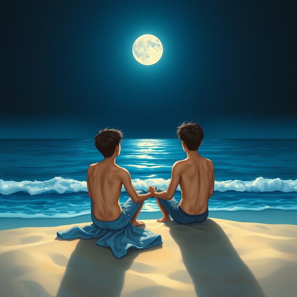 A book cover depicting two young Asian males sitting on the beach sand at night, facing the vast and infinite sea