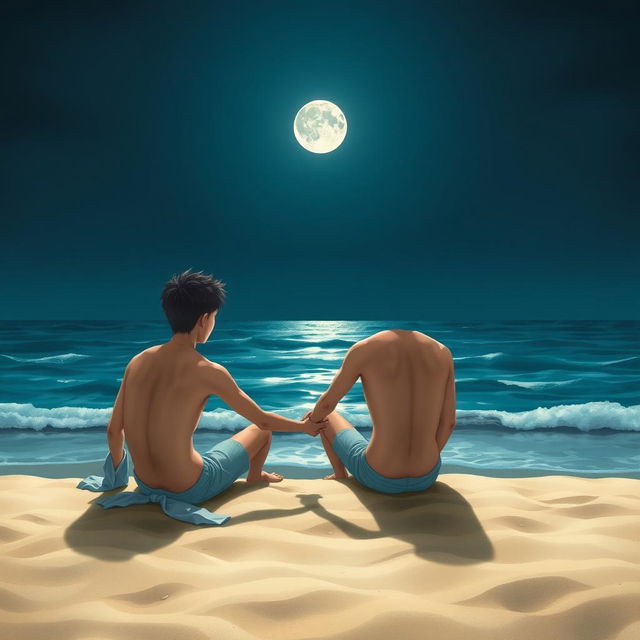 A book cover depicting two young Asian males sitting on the beach sand at night, facing the vast and infinite sea