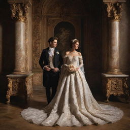 A newlywed couple posing luxuriously, adorned in exquisitely detailed clothing, set against a backdrop of dramatic shadows and ornate architectural elements, typical of a Baroque-style painting.