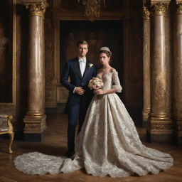 A newlywed couple posing luxuriously, adorned in exquisitely detailed clothing, set against a backdrop of dramatic shadows and ornate architectural elements, typical of a Baroque-style painting.