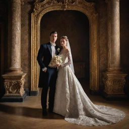 A newlywed couple posing luxuriously, adorned in exquisitely detailed clothing, set against a backdrop of dramatic shadows and ornate architectural elements, typical of a Baroque-style painting.