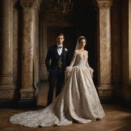 A newlywed couple posing luxuriously, adorned in exquisitely detailed clothing, set against a backdrop of dramatic shadows and ornate architectural elements, typical of a Baroque-style painting.