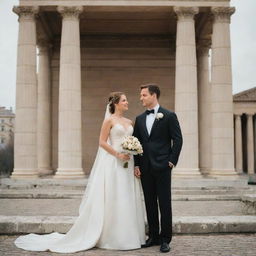 A newlywed couple posing elegantly in clothing of classical antiquity, set against a backdrop of columns and sculptures, embodying the harmony, order, and proportion typical of Classical-style art.