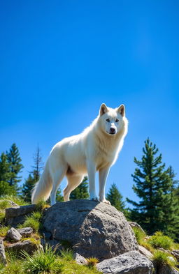 A majestic white wolf standing on a rocky landscape under a bright blue sky