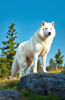A majestic white wolf standing on a rocky landscape under a bright blue sky