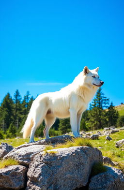 A majestic white wolf standing on a rocky landscape under a bright blue sky
