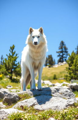 A majestic white wolf standing on a rocky landscape under a bright blue sky