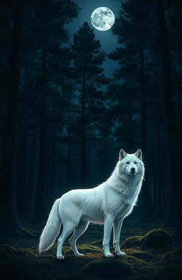 A majestic white female wolf standing gracefully in a dark forest under a starry night sky