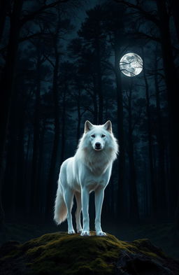 A majestic white female wolf standing gracefully in a dark forest under a starry night sky