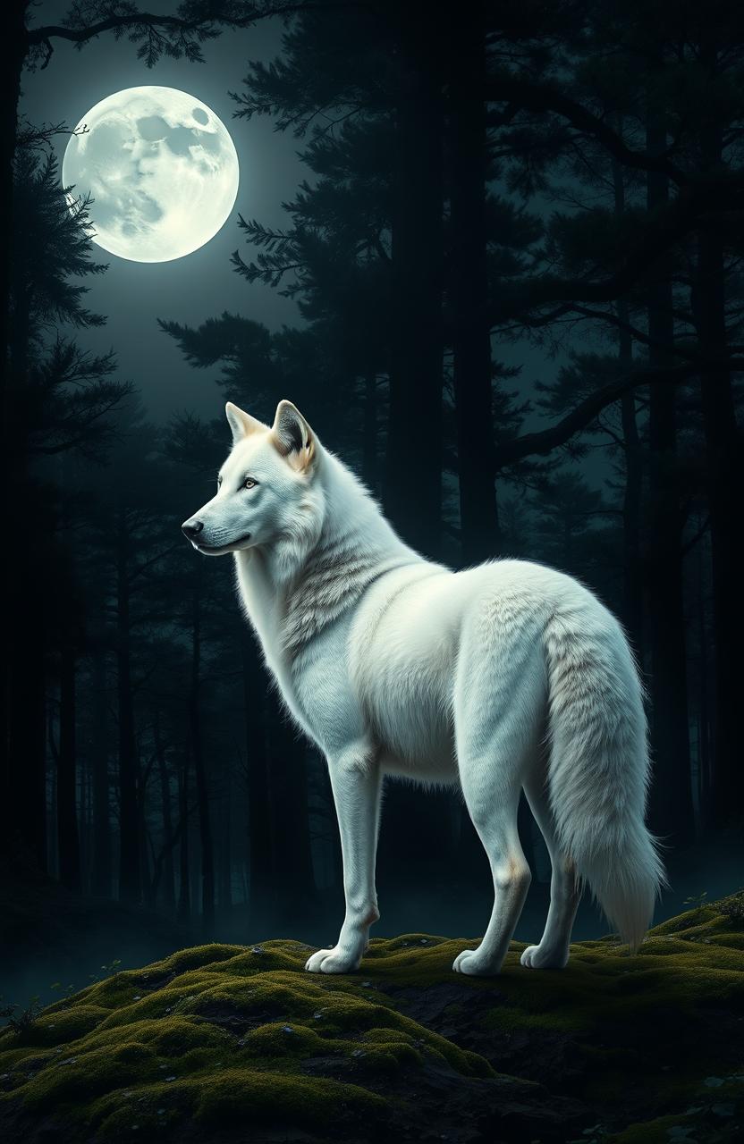 A majestic white female wolf standing gracefully in a dark forest under a starry night sky