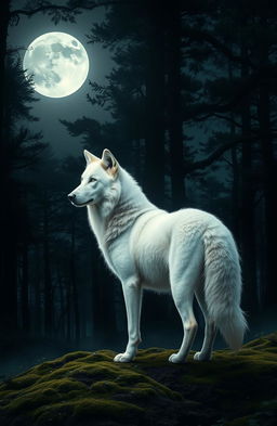 A majestic white female wolf standing gracefully in a dark forest under a starry night sky