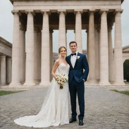 A newlywed couple posing elegantly in clothing of classical antiquity, set against a backdrop of columns and sculptures, embodying the harmony, order, and proportion typical of Classical-style art.