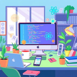 An animated and vibrant illustration of a React programming environment featuring a computer screen displaying colorful code snippets and React components, surrounded by elements like a coffee mug and code stickers