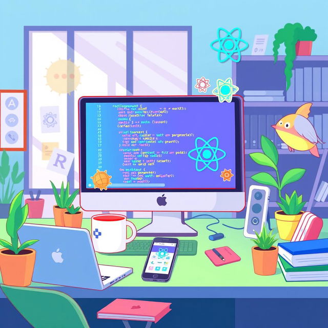 An animated and vibrant illustration of a React programming environment featuring a computer screen displaying colorful code snippets and React components, surrounded by elements like a coffee mug and code stickers