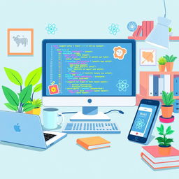 An animated and vibrant illustration of a React programming environment featuring a computer screen displaying colorful code snippets and React components, surrounded by elements like a coffee mug and code stickers