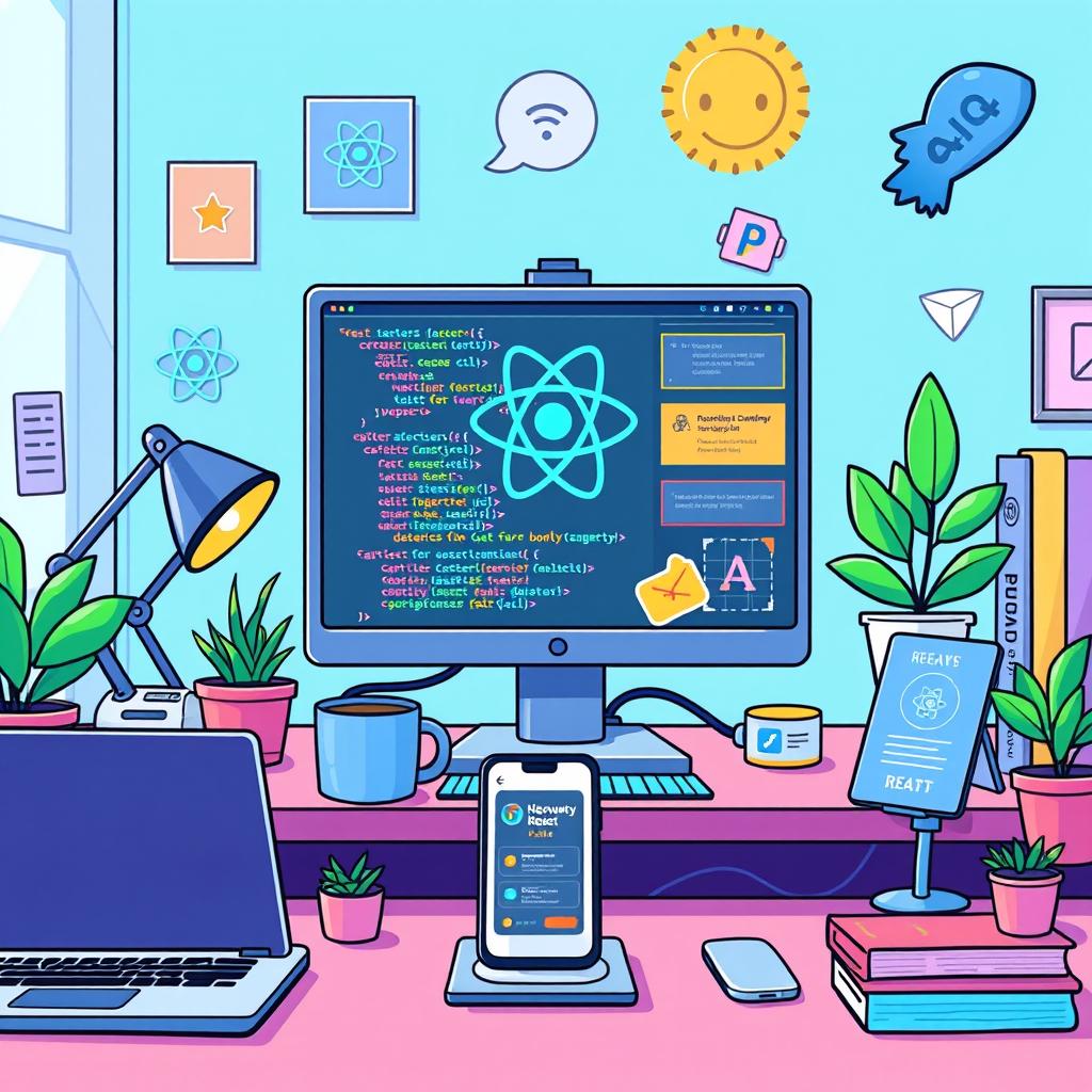 An animated and vibrant illustration of a React programming environment featuring a computer screen displaying colorful code snippets and React components, surrounded by elements like a coffee mug and code stickers