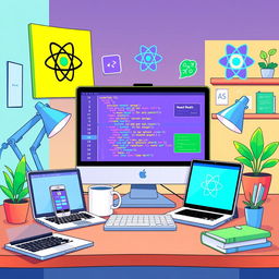 An animated and vibrant illustration of a React programming environment featuring a computer screen displaying colorful code snippets and React components, surrounded by elements like a coffee mug and code stickers