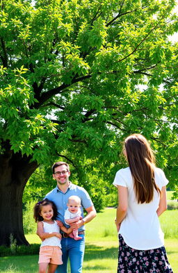 A family of three people, smiling and happy, standing together near a large, vibrant tree with lush green leaves