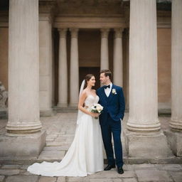 A newlywed couple posing elegantly in clothing of classical antiquity, set against a backdrop of columns and sculptures, embodying the harmony, order, and proportion typical of Classical-style art.