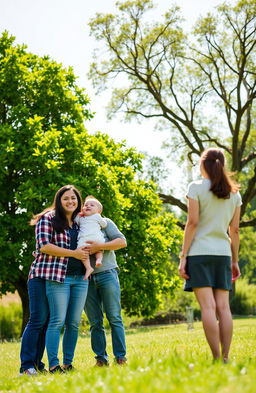 A family of three people, smiling and happy, standing together near a large, vibrant tree with lush green leaves