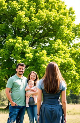A family of three people, smiling and happy, standing together near a large, vibrant tree with lush green leaves