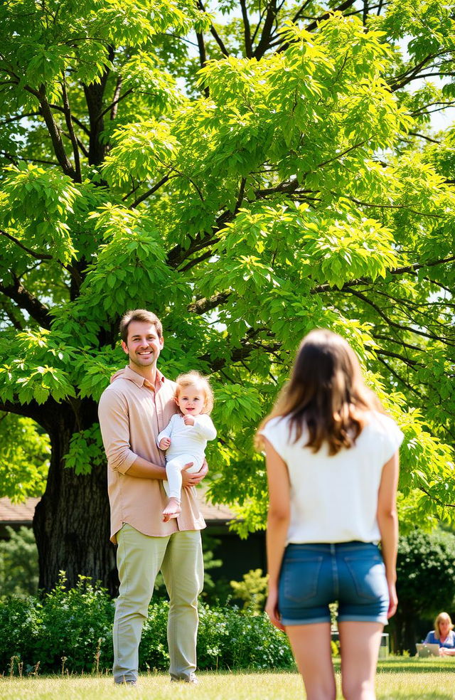 A family of three people, smiling and happy, standing together near a large, vibrant tree with lush green leaves