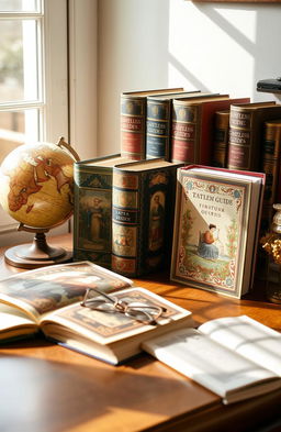 An exquisite collection of timeless guides displayed elegantly on a wooden desk