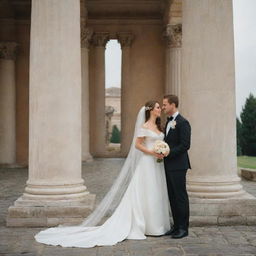 A newlywed couple posing elegantly in clothing of classical antiquity, set against a backdrop of columns and sculptures, embodying the harmony, order, and proportion typical of Classical-style art.