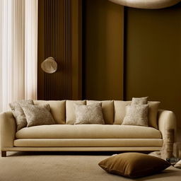 A luxurious and comfortable sofa in a living room setting, characterized by plush cushions and an inviting atmosphere.