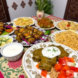 A beautifully arranged spread of traditional Iraqi food, featuring dishes like kebabs, dolma (stuffed grape leaves), and biryani, presented on a colorful tablecloth