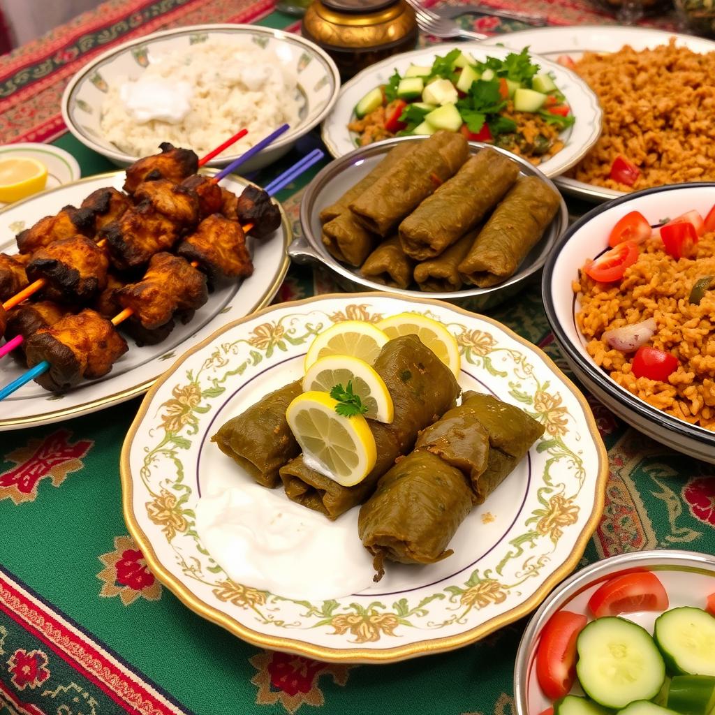 A beautifully arranged spread of traditional Iraqi food, featuring dishes like kebabs, dolma (stuffed grape leaves), and biryani, presented on a colorful tablecloth