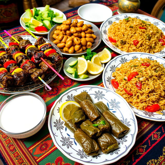 A beautifully arranged spread of traditional Iraqi food, featuring dishes like kebabs, dolma (stuffed grape leaves), and biryani, presented on a colorful tablecloth