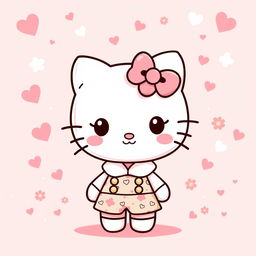 A cute and cheerful cartoon character inspired by the iconic Hello Kitty, featuring a small white cat with a pink bow on her left ear, standing against a pastel pink background filled with playful elements like hearts, stars, and flowers