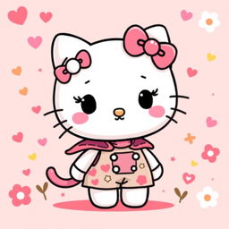 A cute and cheerful cartoon character inspired by the iconic Hello Kitty, featuring a small white cat with a pink bow on her left ear, standing against a pastel pink background filled with playful elements like hearts, stars, and flowers