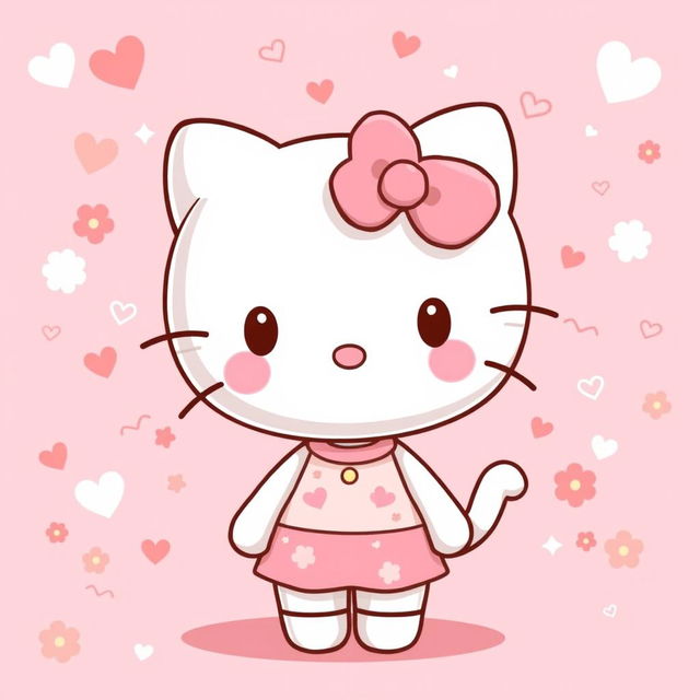 A cute and cheerful cartoon character inspired by the iconic Hello Kitty, featuring a small white cat with a pink bow on her left ear, standing against a pastel pink background filled with playful elements like hearts, stars, and flowers