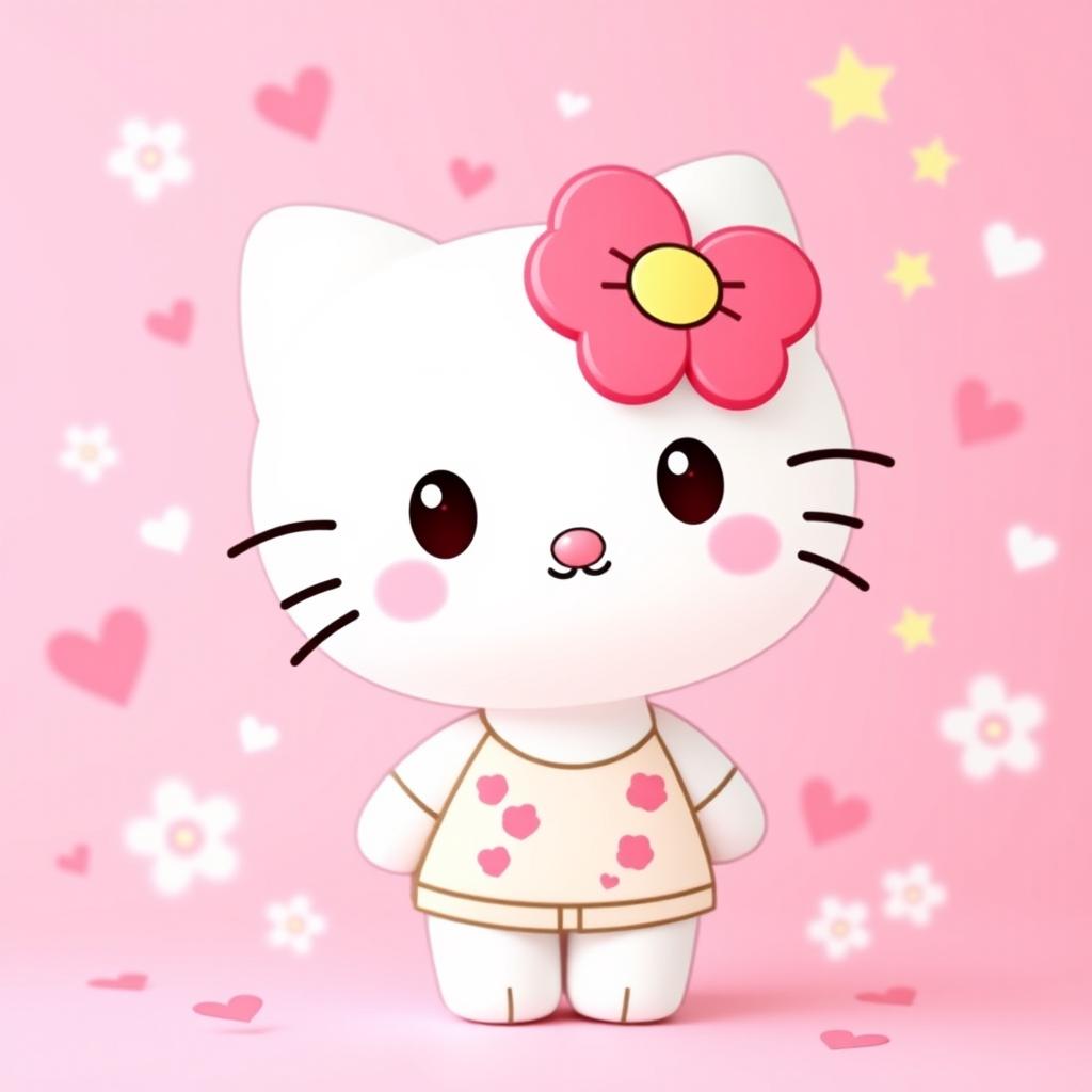 A cute and cheerful cartoon character inspired by the iconic Hello Kitty, featuring a small white cat with a pink bow on her left ear, standing against a pastel pink background filled with playful elements like hearts, stars, and flowers