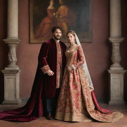 A freshly wed couple posing in rich clothing, bathed in warm, vivid color palette, echoing the romantic and sensuous style typical of Titian's Renaissance paintings.