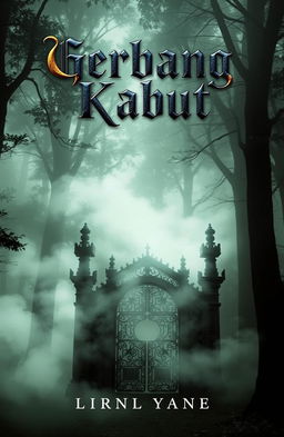 A mystical book cover for a novel titled 'Gerbang Kabut', depicting a mysterious misty forest scene
