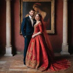 A freshly wed couple posing in rich clothing, bathed in warm, vivid color palette, echoing the romantic and sensuous style typical of Titian's Renaissance paintings.