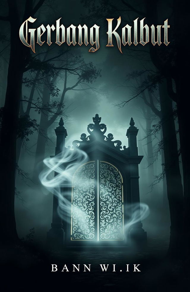 A mystical book cover for a novel titled 'Gerbang Kabut', depicting a mysterious misty forest scene