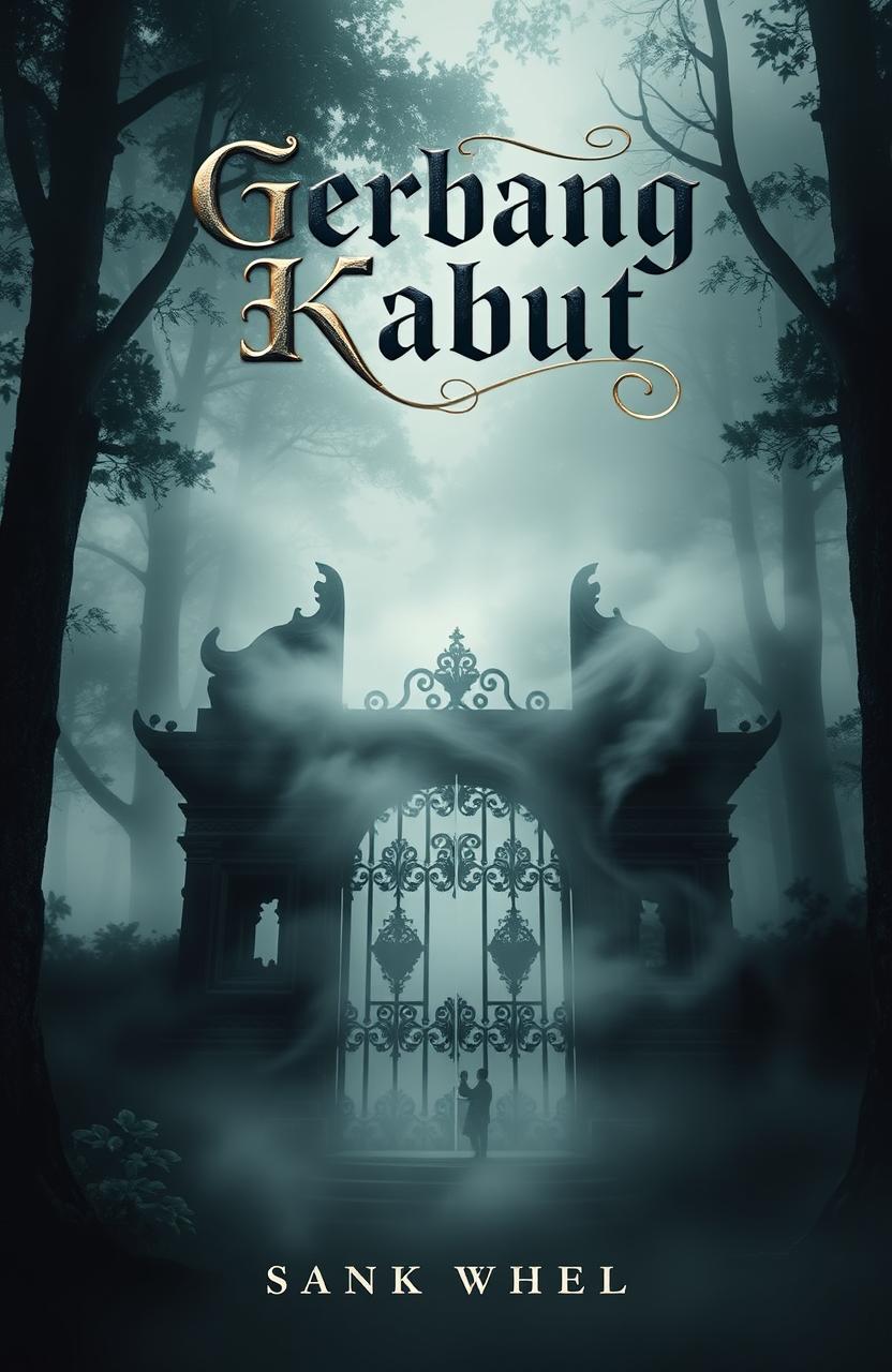 A mystical book cover for a novel titled 'Gerbang Kabut', depicting a mysterious misty forest scene