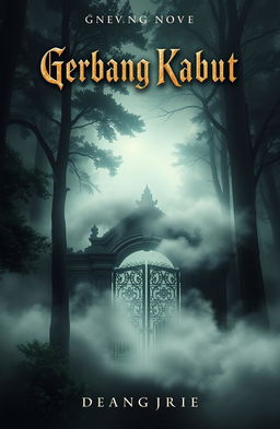 A mystical book cover for a novel titled 'Gerbang Kabut', depicting a mysterious misty forest scene