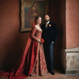 A freshly wed couple posing in rich clothing, bathed in warm, vivid color palette, echoing the romantic and sensuous style typical of Titian's Renaissance paintings.