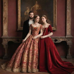 A freshly wed couple posing in rich clothing, bathed in warm, vivid color palette, echoing the romantic and sensuous style typical of Titian's Renaissance paintings.