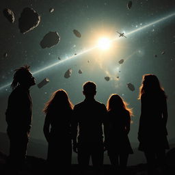 A striking silhouette of a group of five people standing in the lower part of the scene, gazing up into the vastness of space