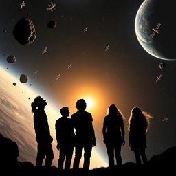 A striking silhouette of a group of five people standing in the lower part of the scene, gazing up into the vastness of space