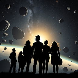 A striking silhouette of a group of five people standing in the lower part of the scene, gazing up into the vastness of space