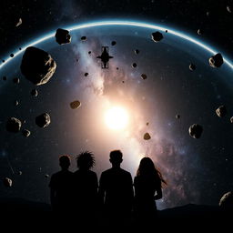 A striking silhouette of a group of five people standing in the lower part of the scene, gazing up into the vastness of space